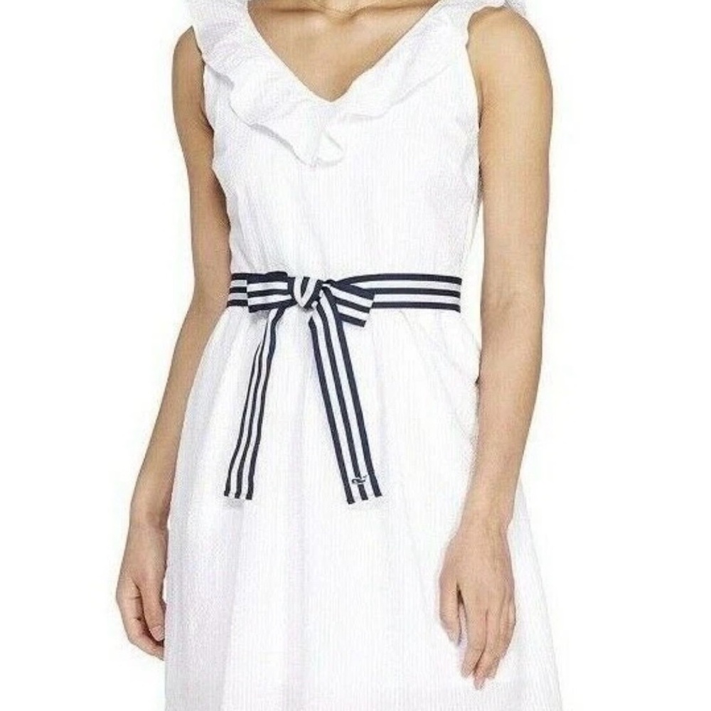 Vineyard Vines White Cotton Seersucker Ruffle Midi Dress Belted Size 1X Nautical
